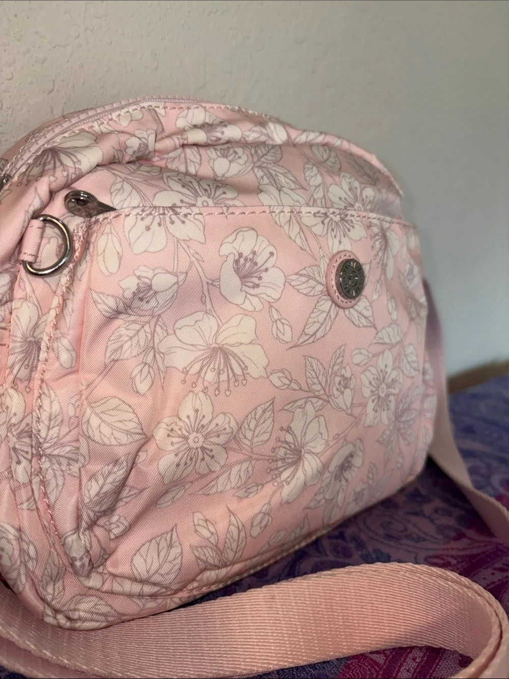 Kipling pink sakura print crossbody with out monkey charm